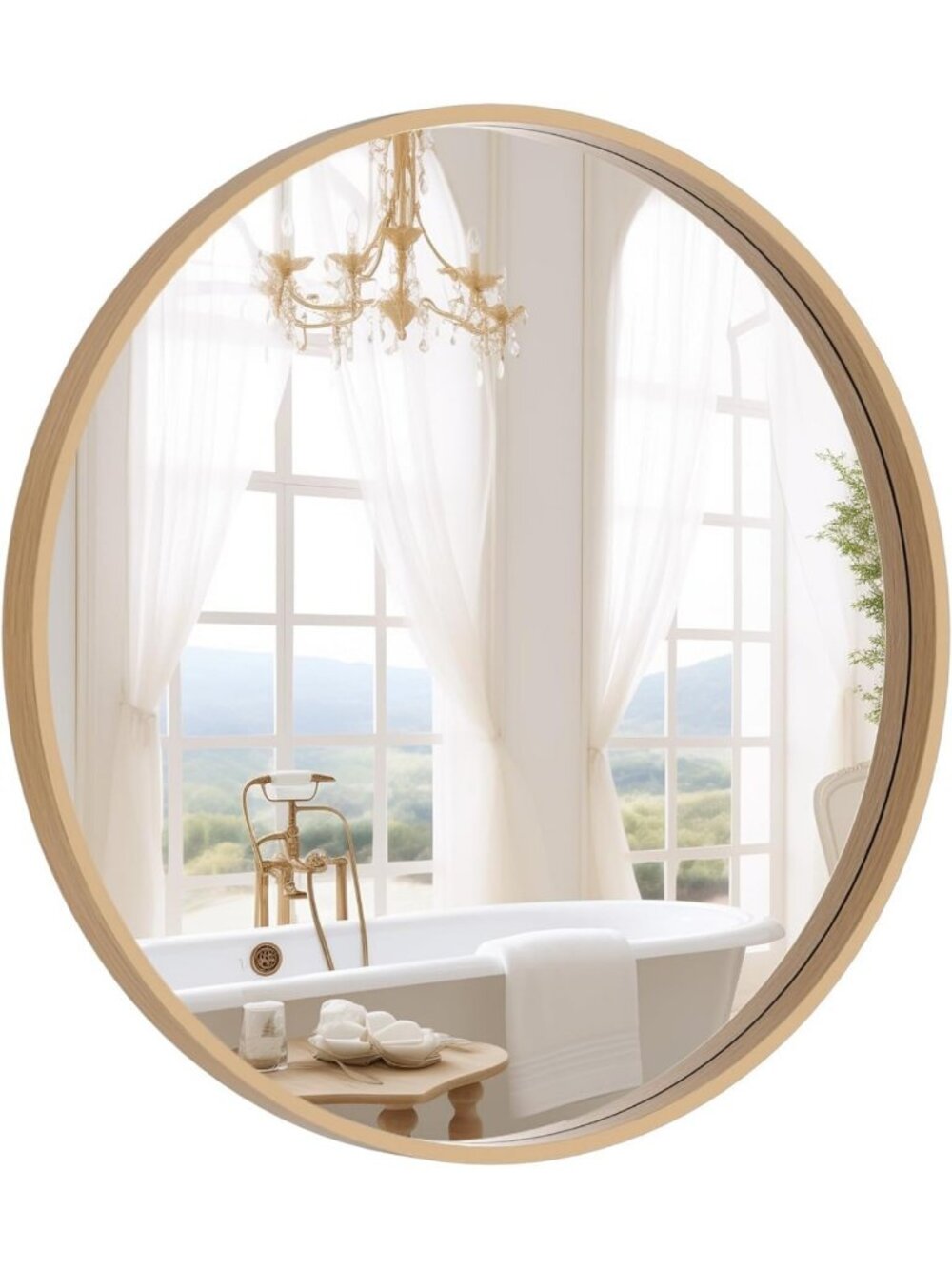 24" Round Wood Wall Mirror for Bathroom, Entryway & Living Room Decor - Natural